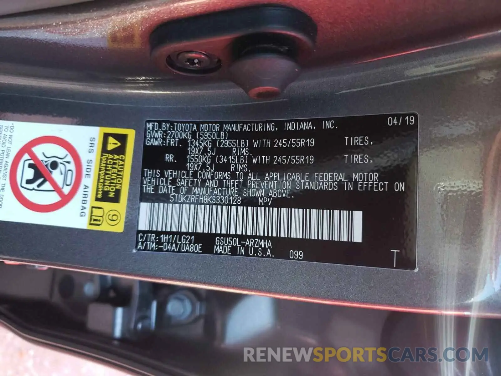 10 Photograph of a damaged car 5TDKZRFH8KS330128 TOYOTA HIGHLANDER 2019