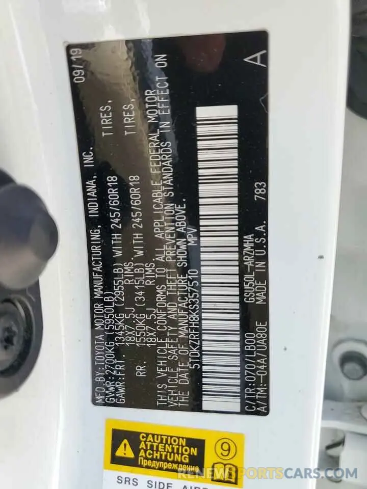 13 Photograph of a damaged car 5TDKZRFH8KS357510 TOYOTA HIGHLANDER 2019