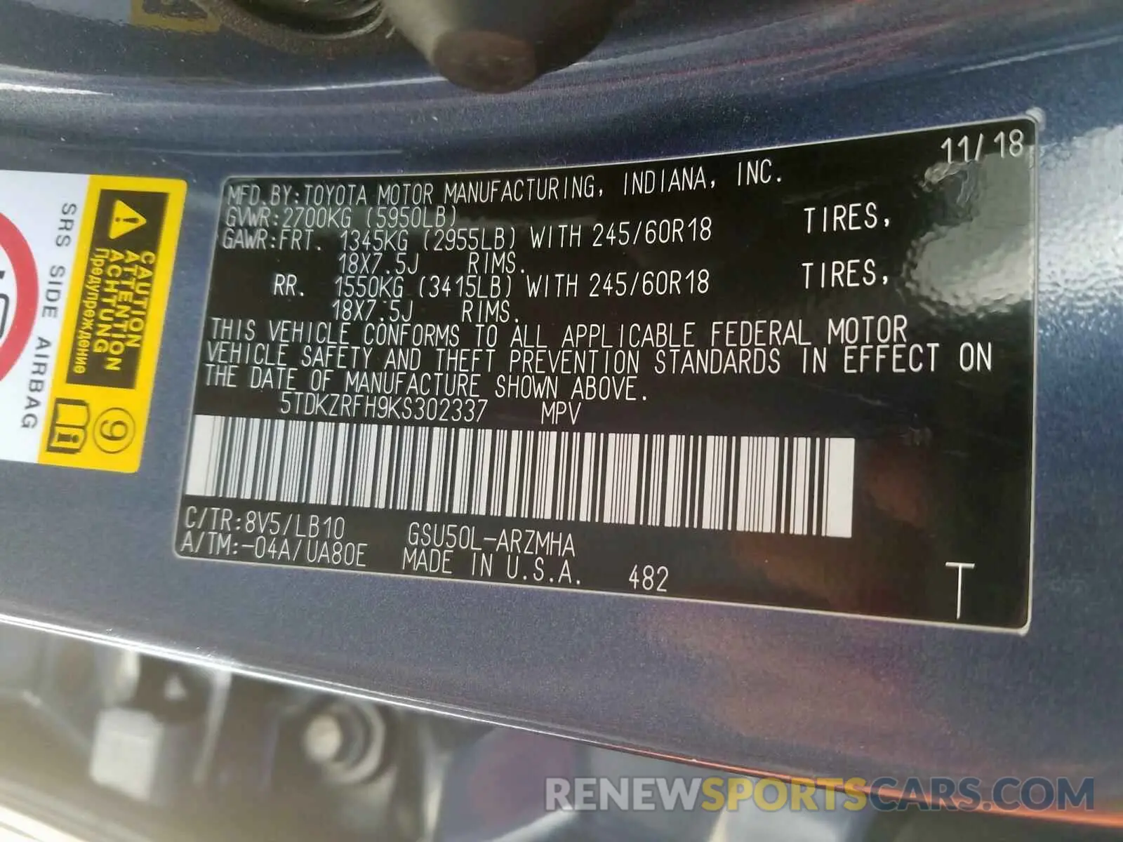 10 Photograph of a damaged car 5TDKZRFH9KS302337 TOYOTA HIGHLANDER 2019