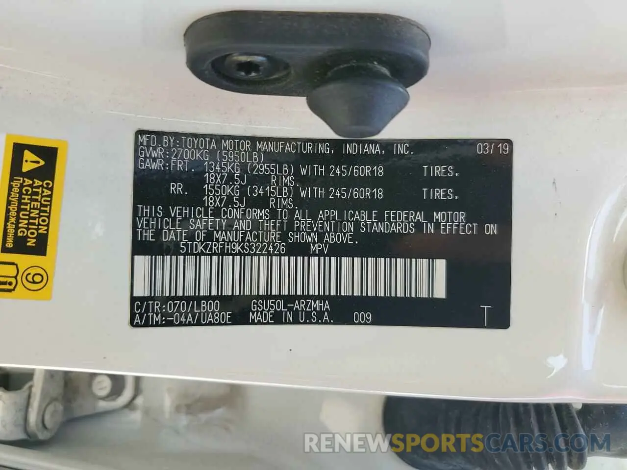 14 Photograph of a damaged car 5TDKZRFH9KS322426 TOYOTA HIGHLANDER 2019