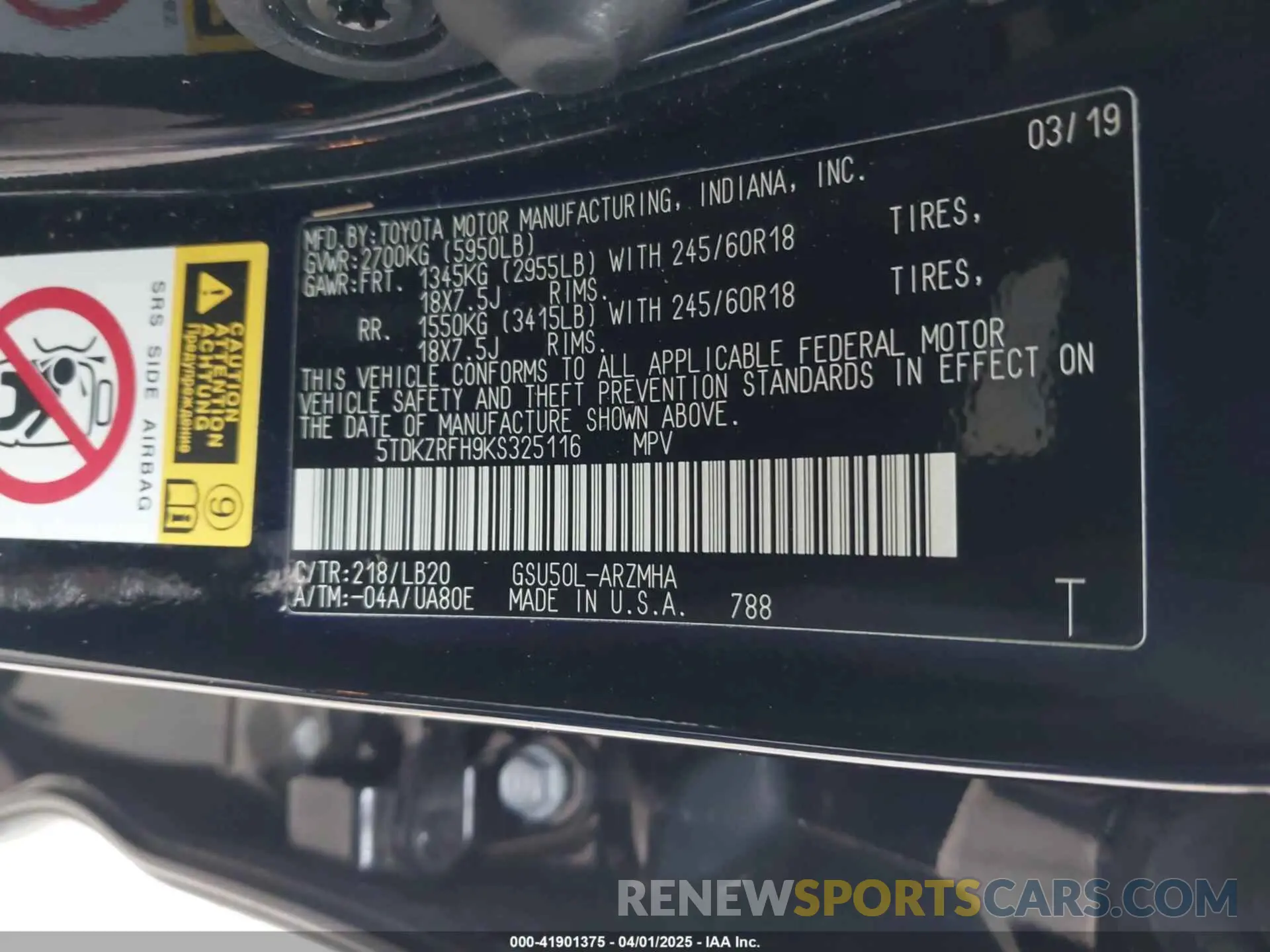 9 Photograph of a damaged car 5TDKZRFH9KS325116 TOYOTA HIGHLANDER 2019