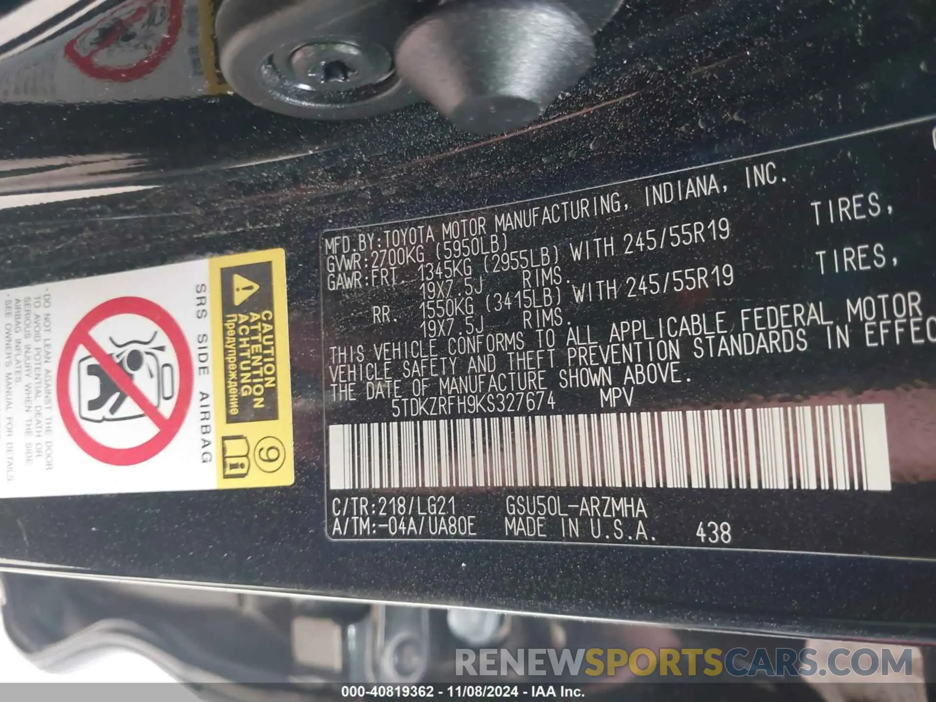 9 Photograph of a damaged car 5TDKZRFH9KS327674 TOYOTA HIGHLANDER 2019