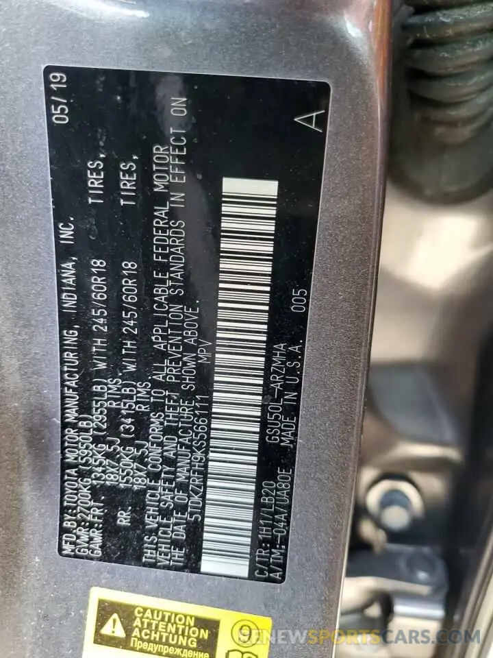 14 Photograph of a damaged car 5TDKZRFH9KS566111 TOYOTA HIGHLANDER 2019