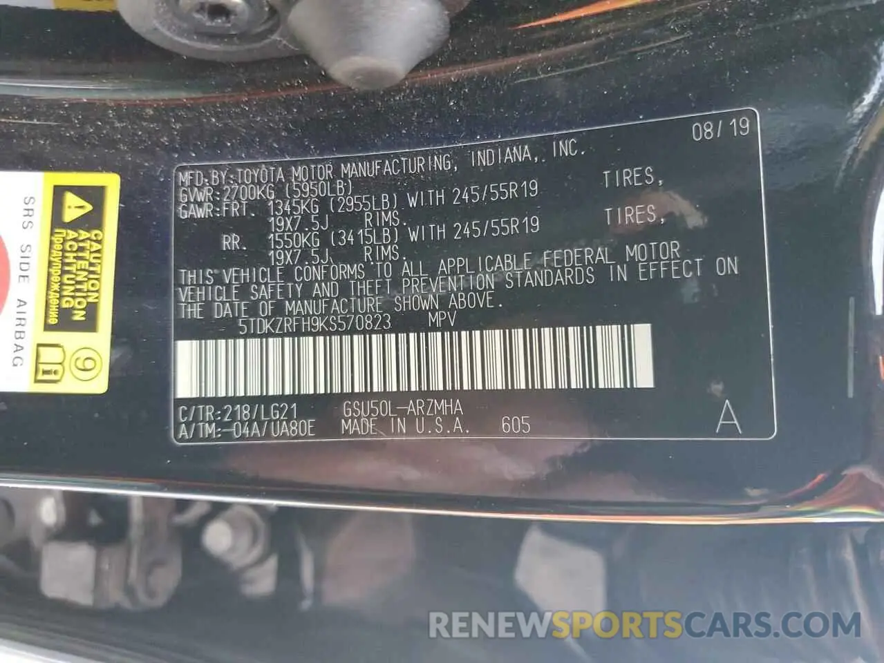 13 Photograph of a damaged car 5TDKZRFH9KS570823 TOYOTA HIGHLANDER 2019