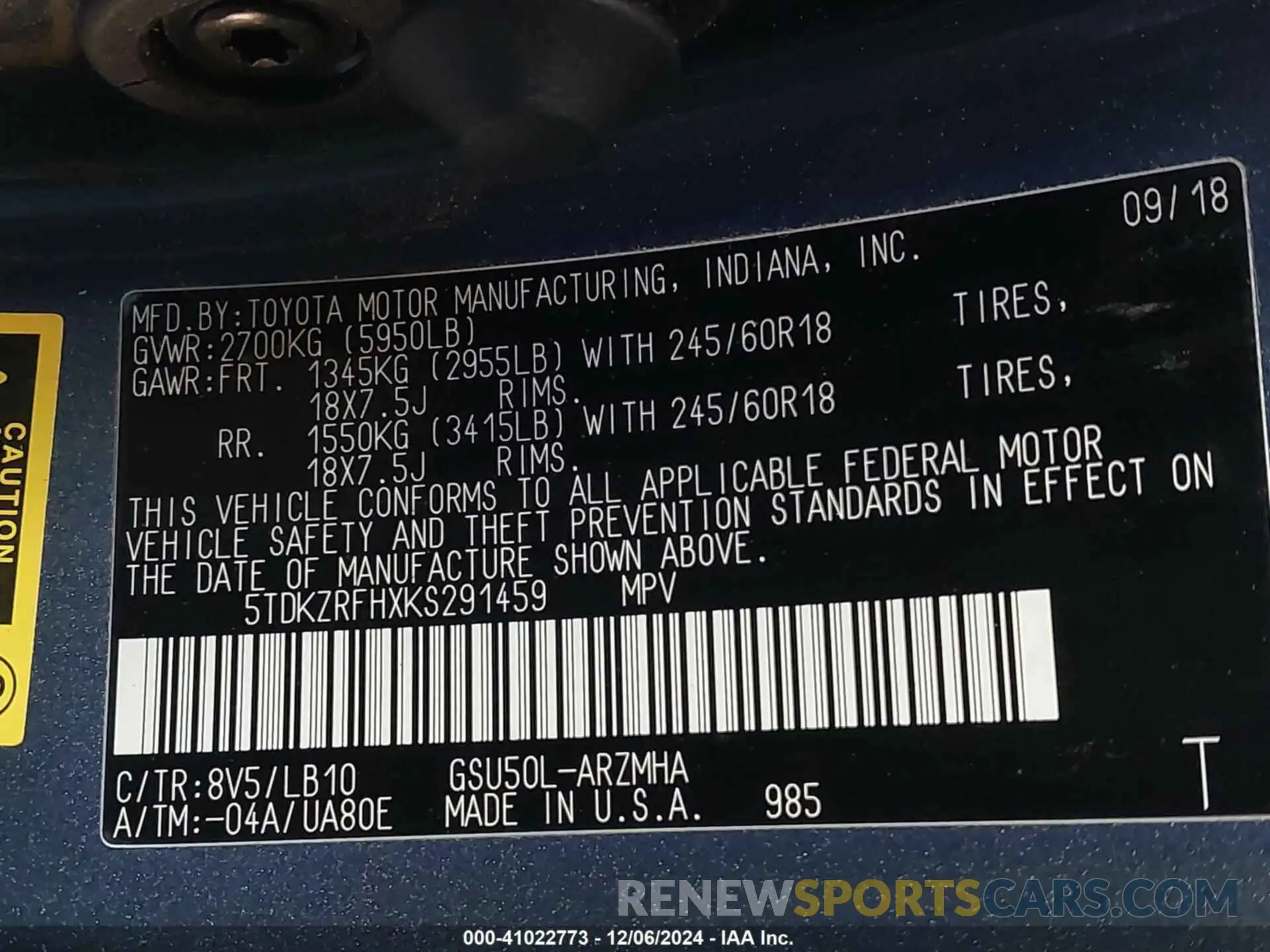 9 Photograph of a damaged car 5TDKZRFHXKS291459 TOYOTA HIGHLANDER 2019