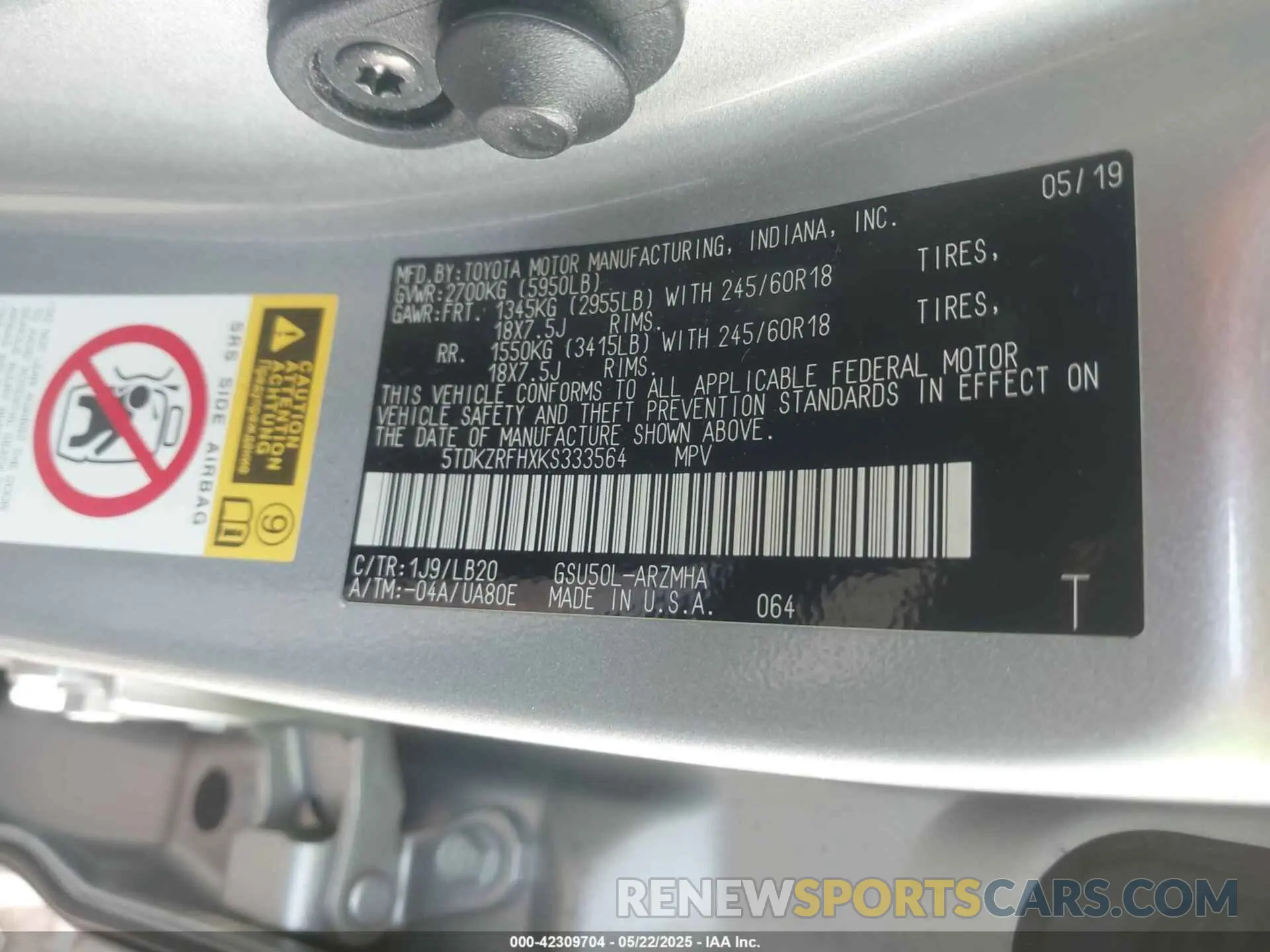 9 Photograph of a damaged car 5TDKZRFHXKS333564 TOYOTA HIGHLANDER 2019
