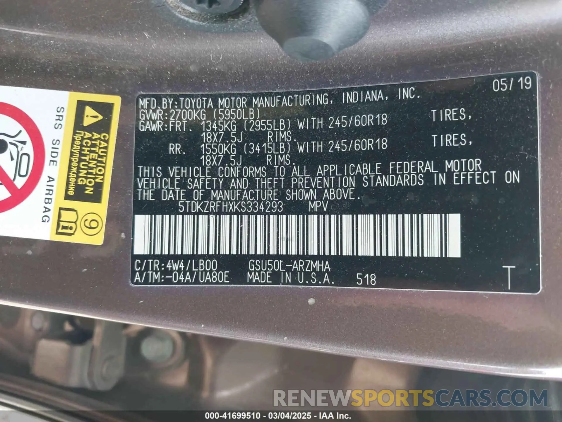 9 Photograph of a damaged car 5TDKZRFHXKS334293 TOYOTA HIGHLANDER 2019