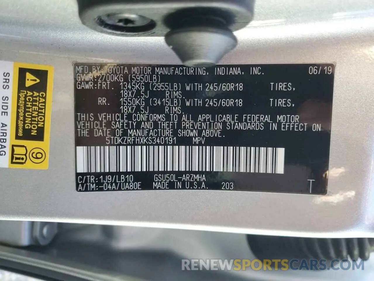 14 Photograph of a damaged car 5TDKZRFHXKS340191 TOYOTA HIGHLANDER 2019