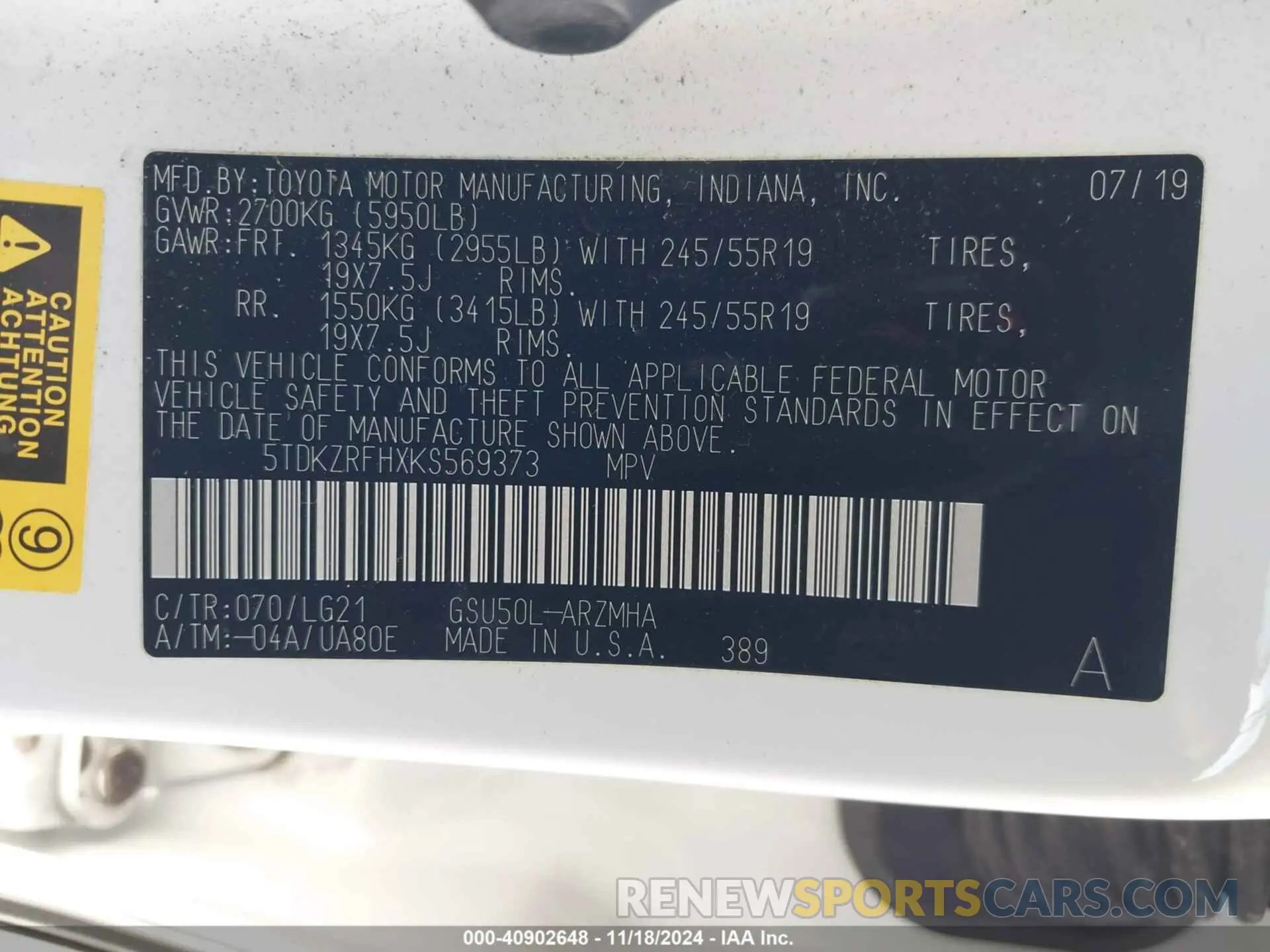 9 Photograph of a damaged car 5TDKZRFHXKS569373 TOYOTA HIGHLANDER 2019