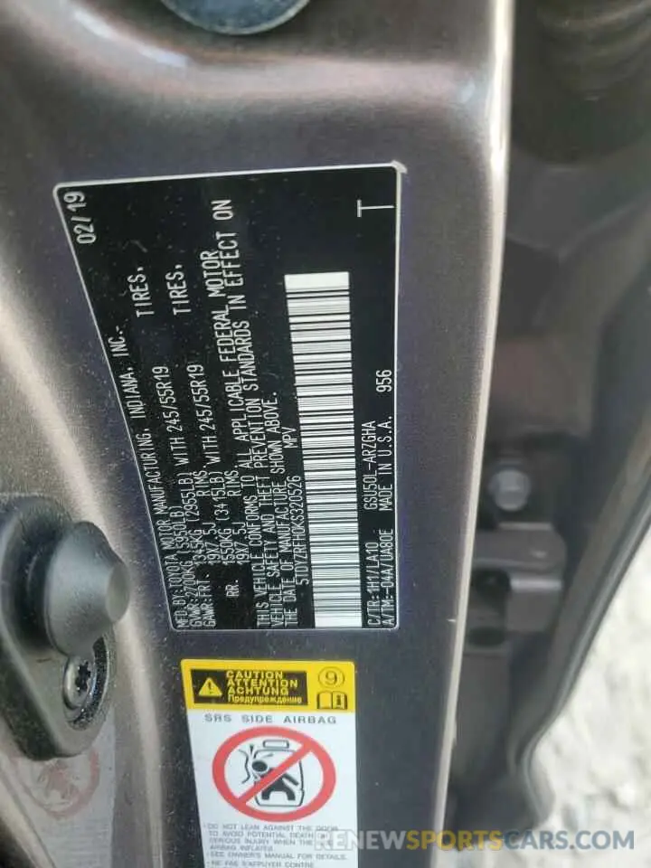 13 Photograph of a damaged car 5TDYZRFH0KS320526 TOYOTA HIGHLANDER 2019