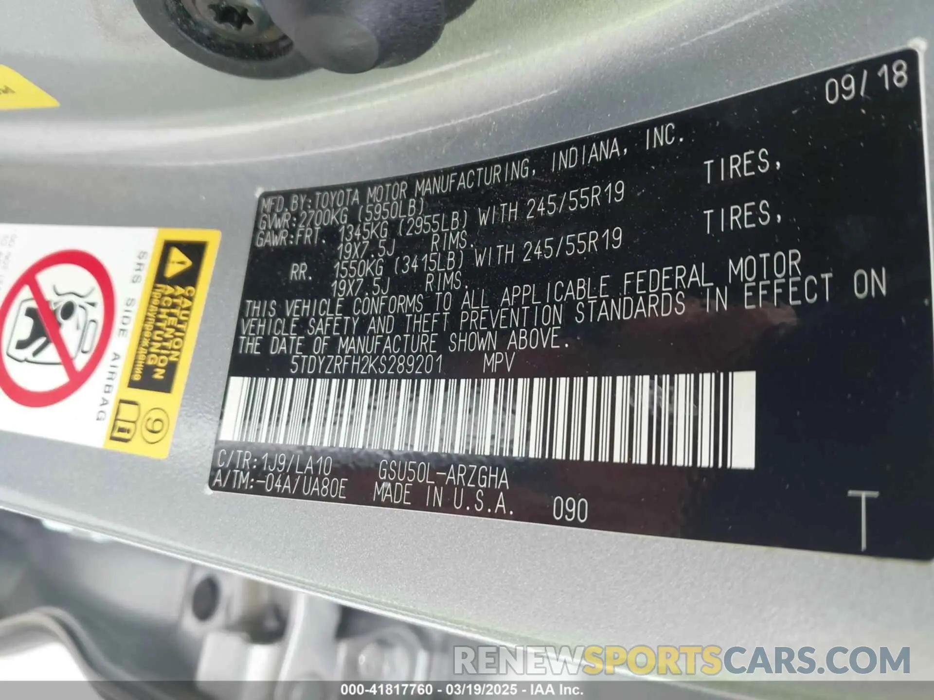 9 Photograph of a damaged car 5TDYZRFH2KS289201 TOYOTA HIGHLANDER 2019