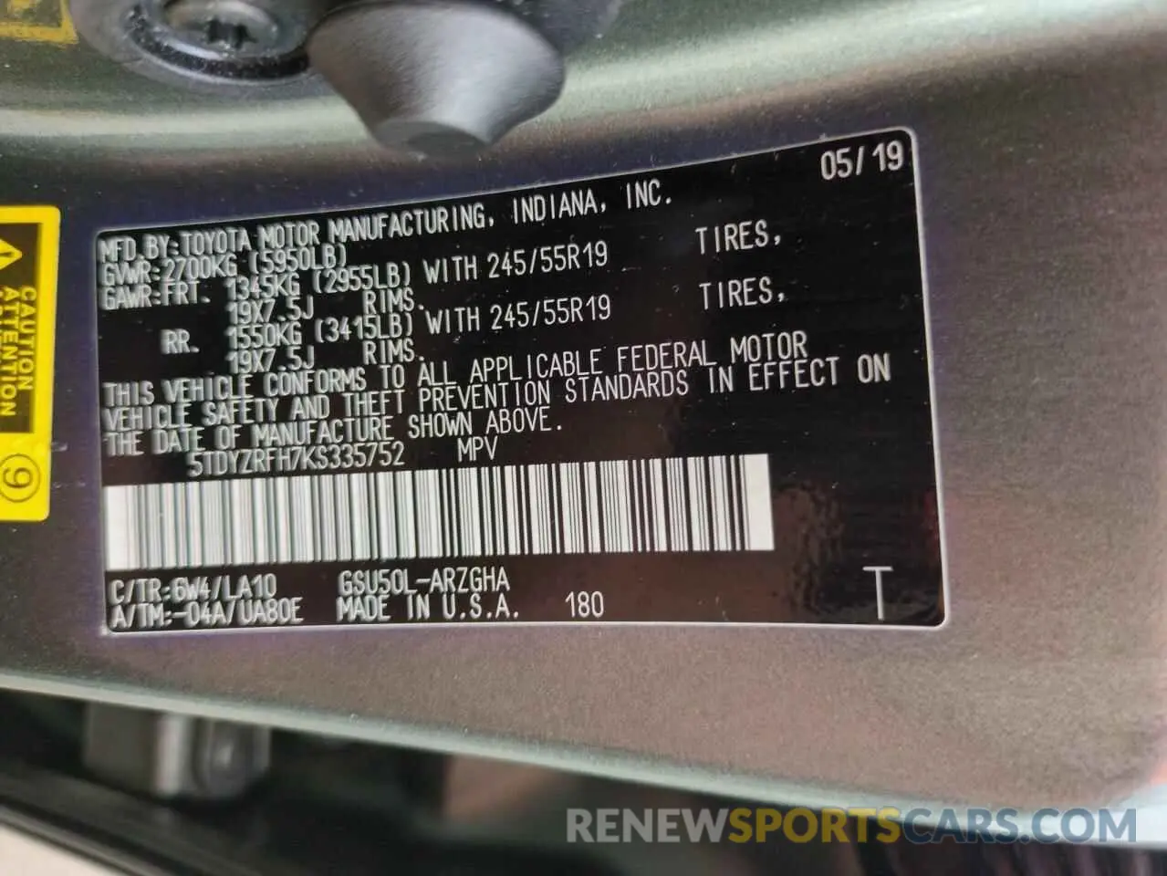 14 Photograph of a damaged car 5TDYZRFH7KS335752 TOYOTA HIGHLANDER 2019