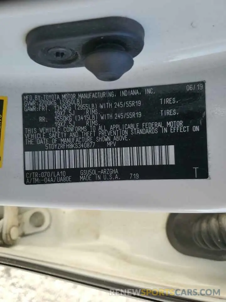 13 Photograph of a damaged car 5TDYZRFH8KS340877 TOYOTA HIGHLANDER 2019