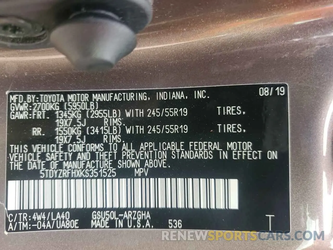 14 Photograph of a damaged car 5TDYZRFHXKS351525 TOYOTA HIGHLANDER 2019
