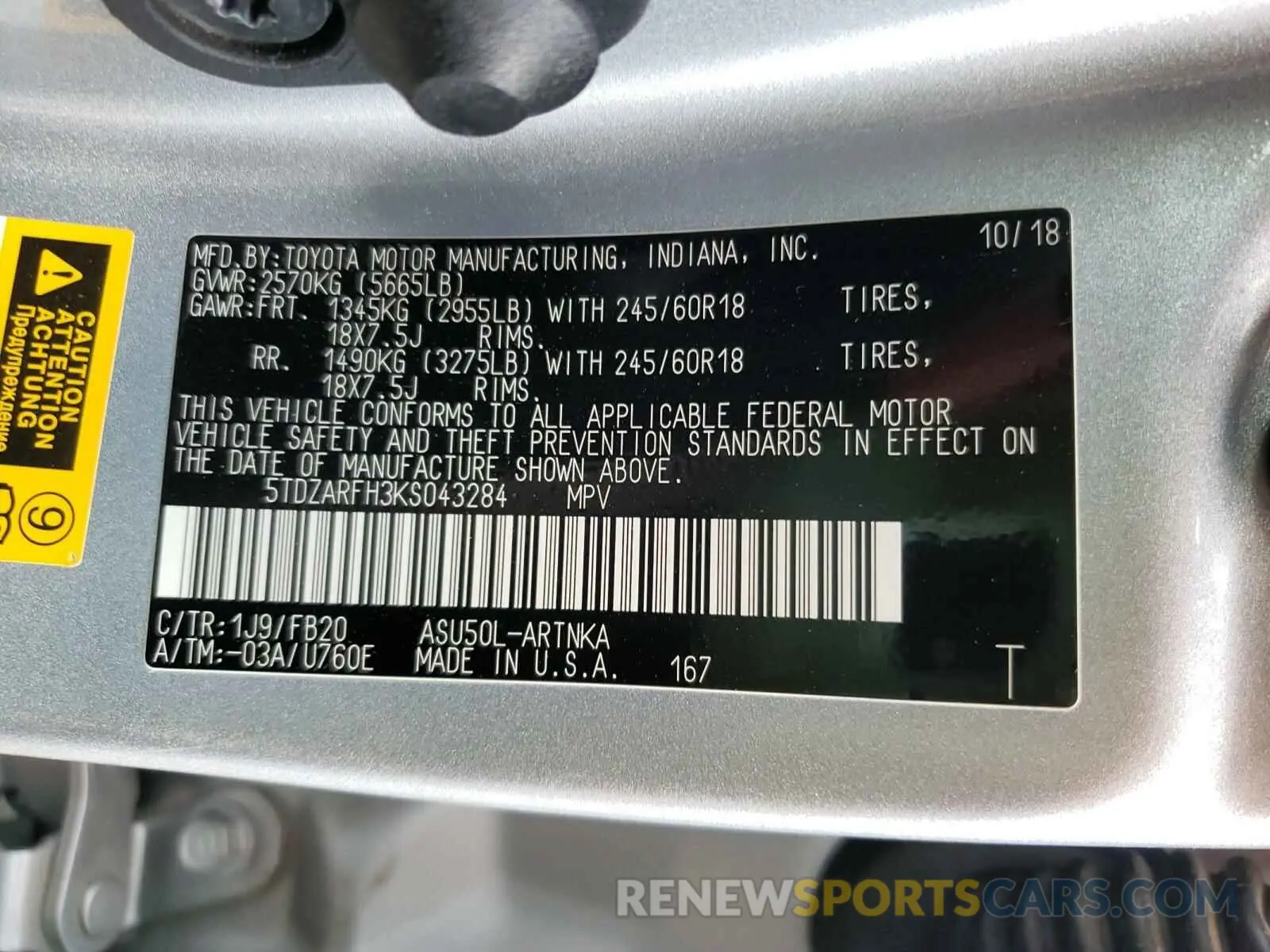 10 Photograph of a damaged car 5TDZARFH3KS043284 TOYOTA HIGHLANDER 2019