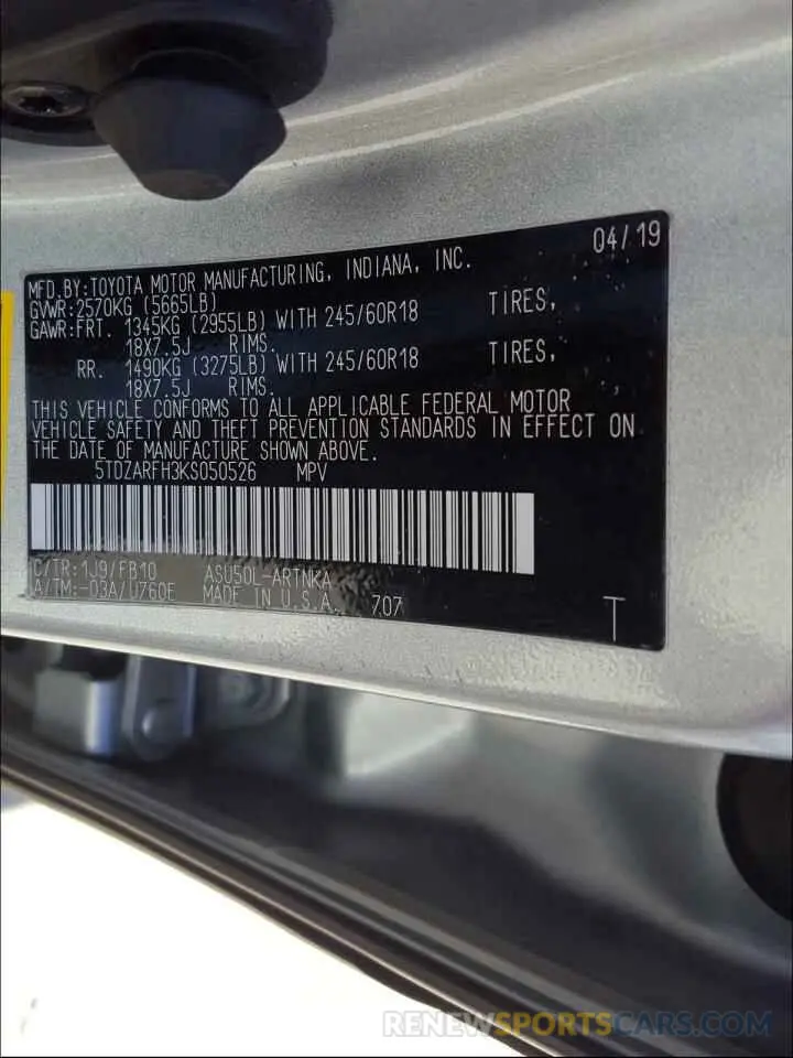 10 Photograph of a damaged car 5TDZARFH3KS050526 TOYOTA HIGHLANDER 2019
