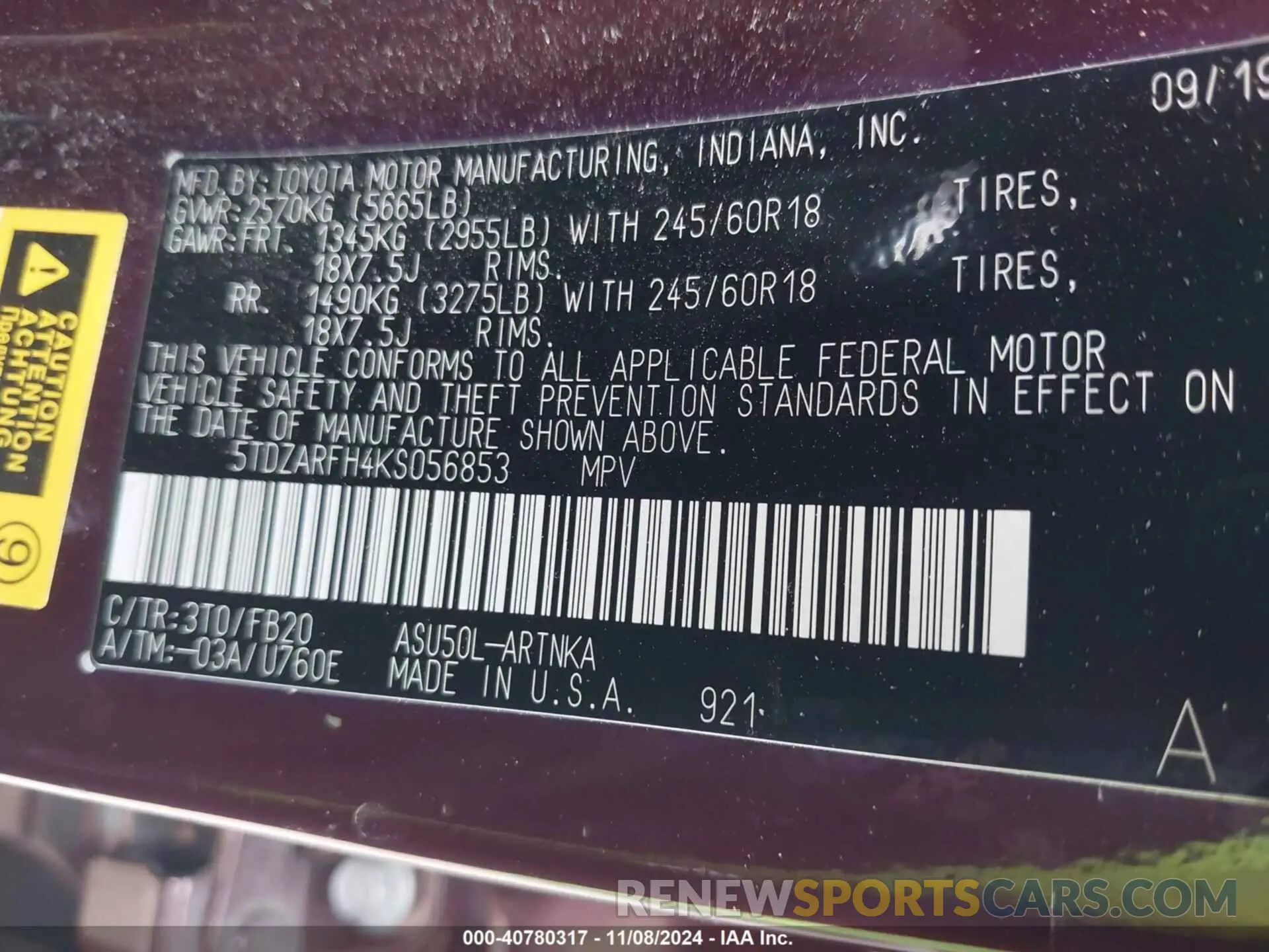 9 Photograph of a damaged car 5TDZARFH4KS056853 TOYOTA HIGHLANDER 2019