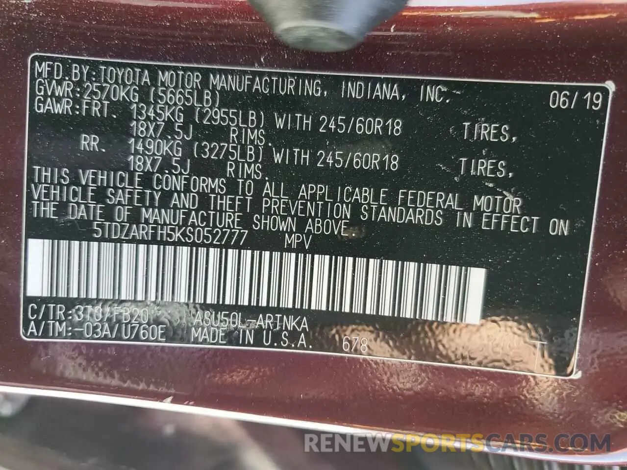 13 Photograph of a damaged car 5TDZARFH5KS052777 TOYOTA HIGHLANDER 2019