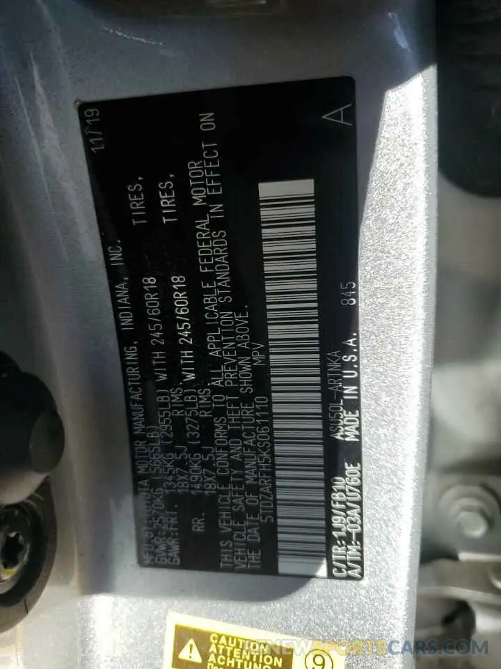 13 Photograph of a damaged car 5TDZARFH5KS061110 TOYOTA HIGHLANDER 2019