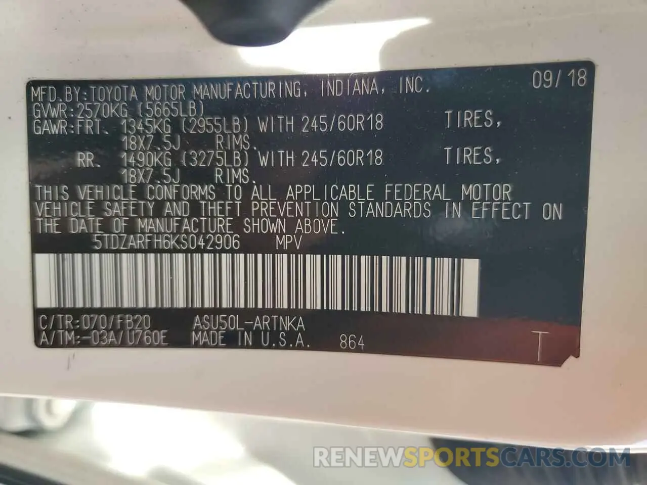 13 Photograph of a damaged car 5TDZARFH6KS042906 TOYOTA HIGHLANDER 2019
