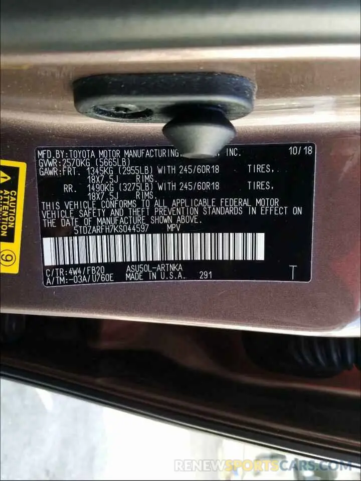 10 Photograph of a damaged car 5TDZARFH7KS044597 TOYOTA HIGHLANDER 2019