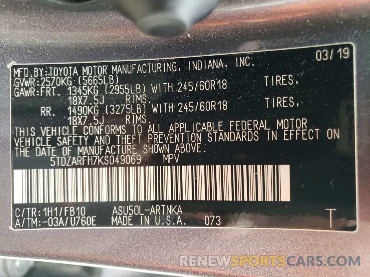13 Photograph of a damaged car 5TDZARFH7KS049069 TOYOTA HIGHLANDER 2019