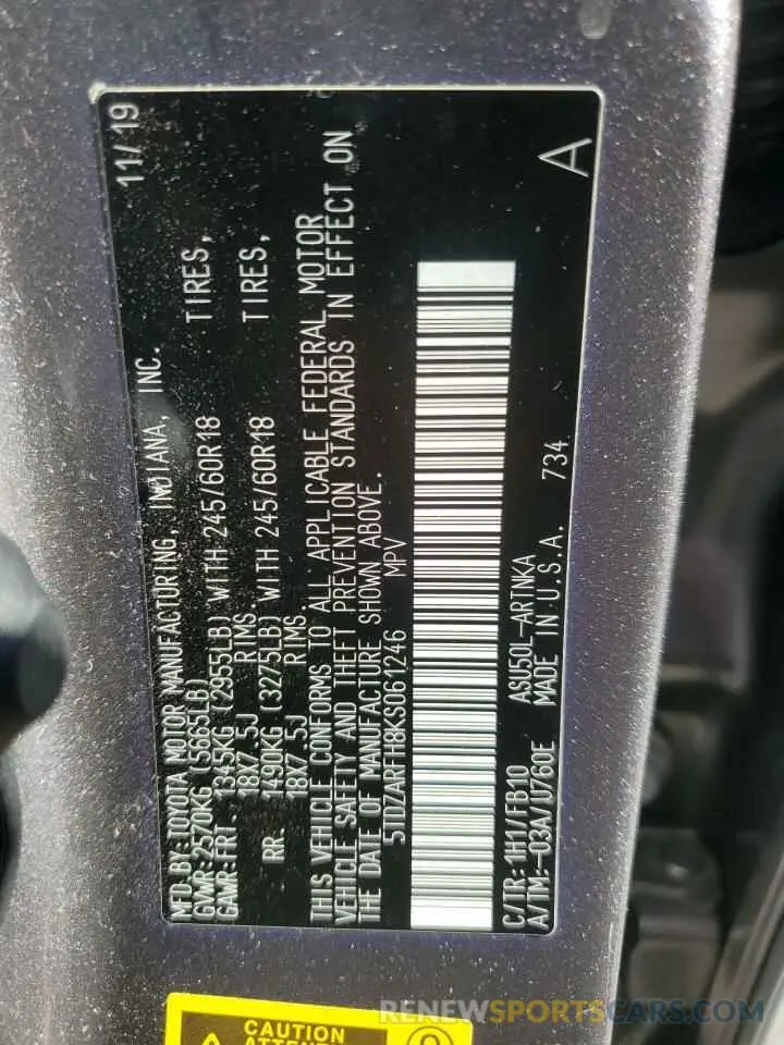 12 Photograph of a damaged car 5TDZARFH8KS061246 TOYOTA HIGHLANDER 2019