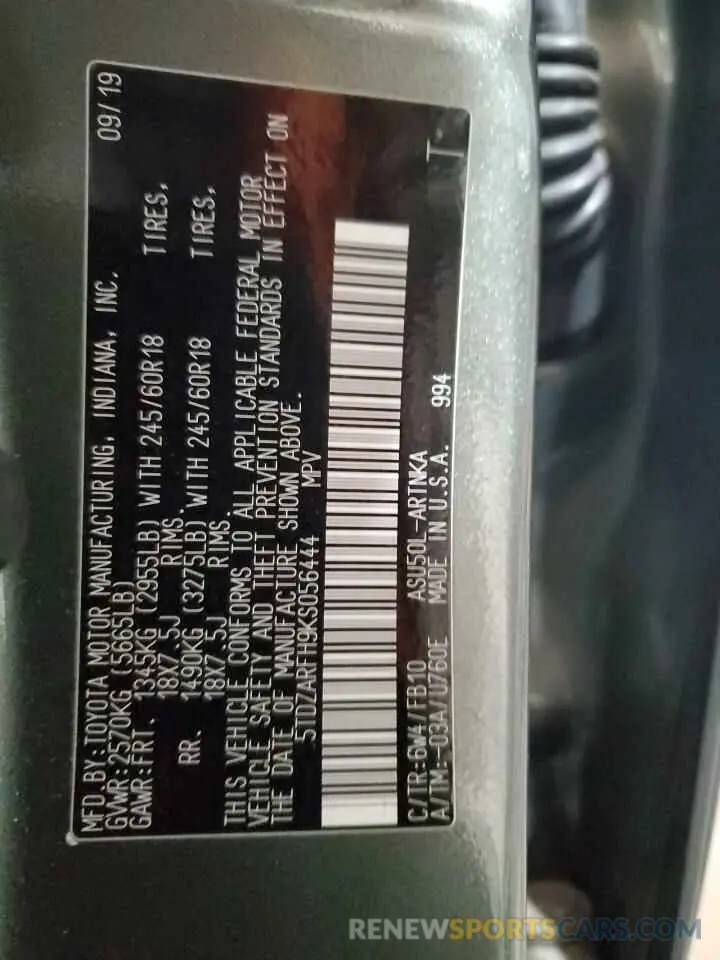 14 Photograph of a damaged car 5TDZARFH9KS056444 TOYOTA HIGHLANDER 2019