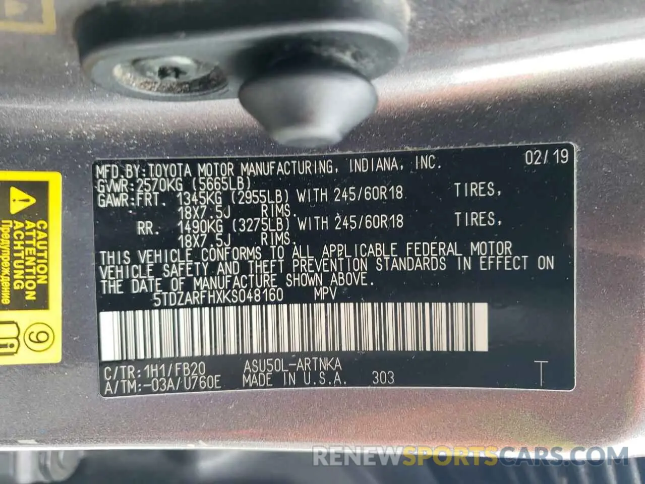 13 Photograph of a damaged car 5TDZARFHXKS048160 TOYOTA HIGHLANDER 2019