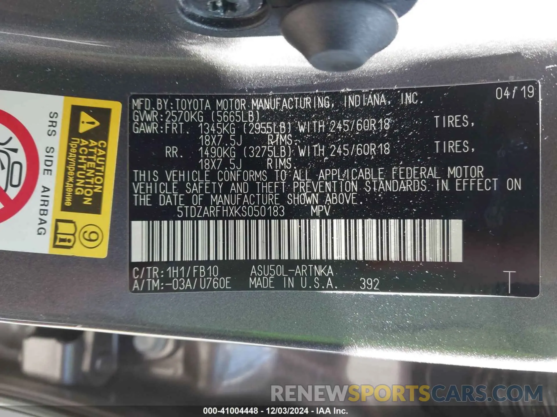 9 Photograph of a damaged car 5TDZARFHXKS050183 TOYOTA HIGHLANDER 2019