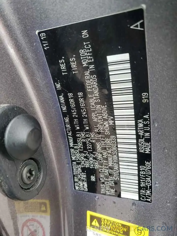 13 Photograph of a damaged car 5TDZARFHXKS060339 TOYOTA HIGHLANDER 2019