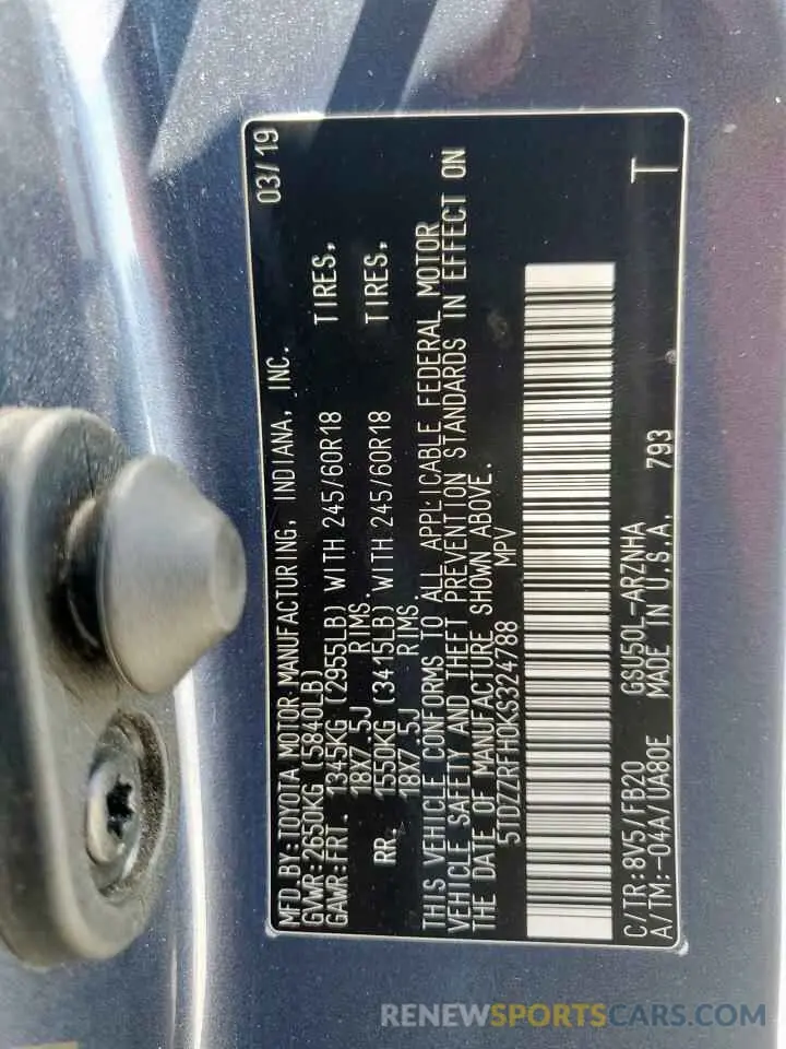 14 Photograph of a damaged car 5TDZZRFH0KS324788 TOYOTA HIGHLANDER 2019
