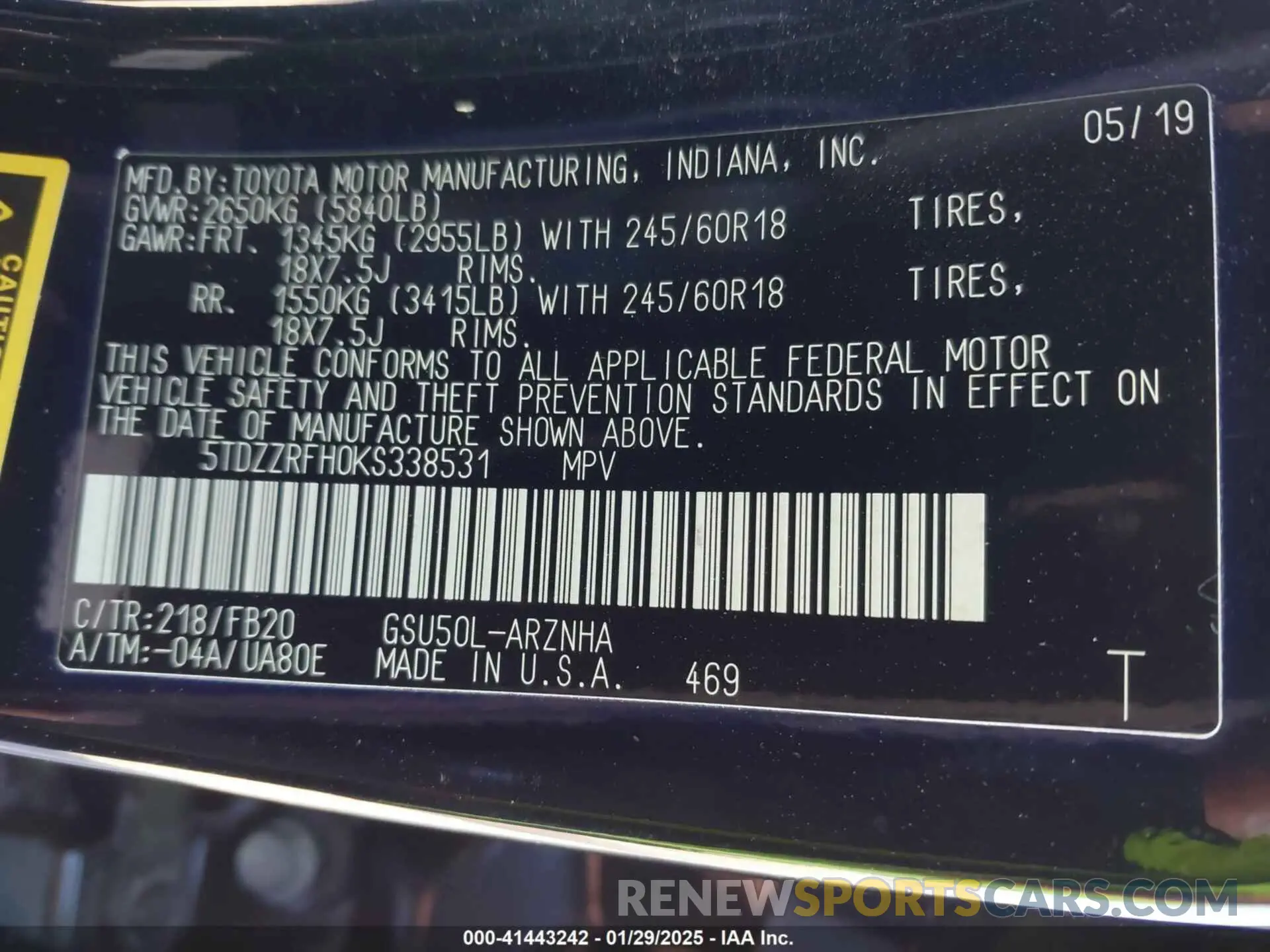 9 Photograph of a damaged car 5TDZZRFH0KS338531 TOYOTA HIGHLANDER 2019