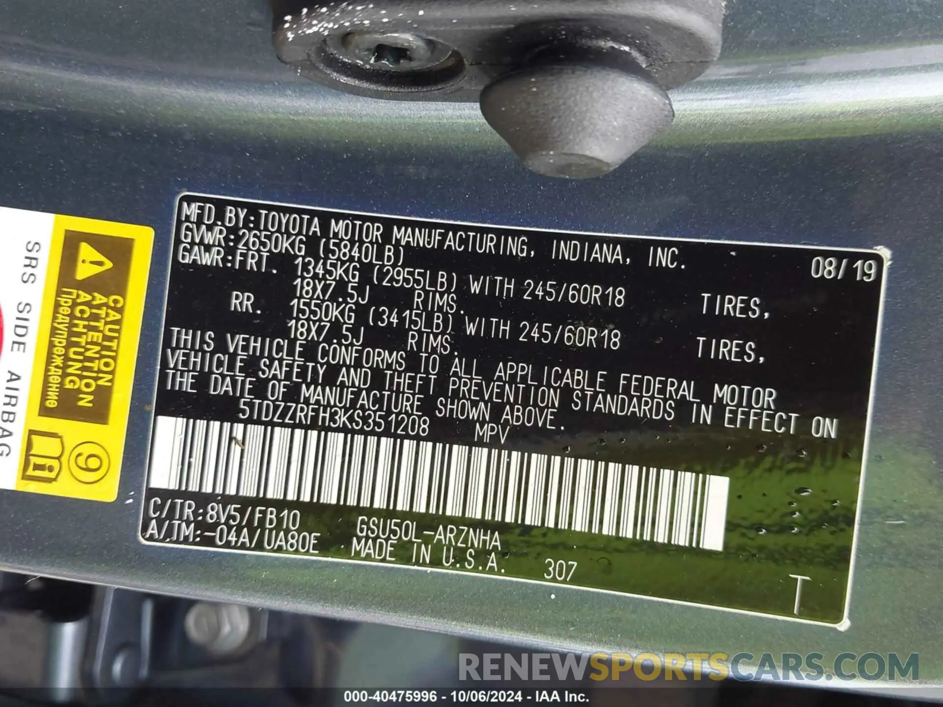 9 Photograph of a damaged car 5TDZZRFH3KS351208 TOYOTA HIGHLANDER 2019