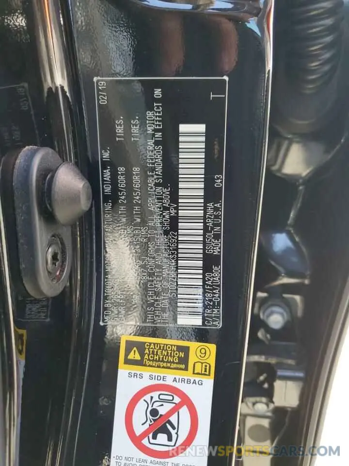 13 Photograph of a damaged car 5TDZZRFH4KS316922 TOYOTA HIGHLANDER 2019