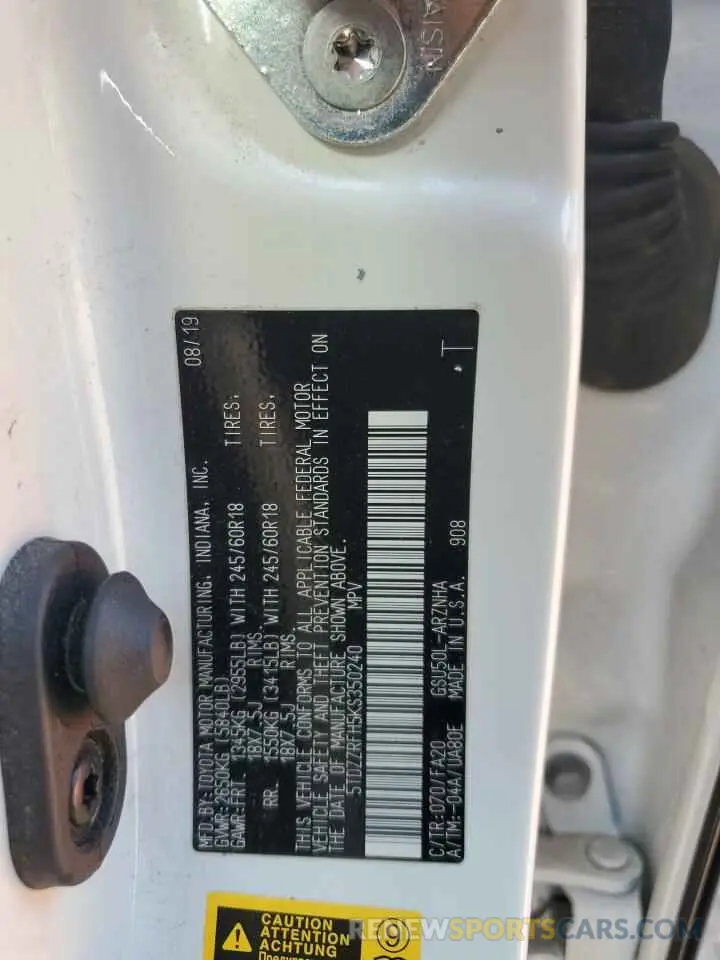 14 Photograph of a damaged car 5TDZZRFH5KS350240 TOYOTA HIGHLANDER 2019
