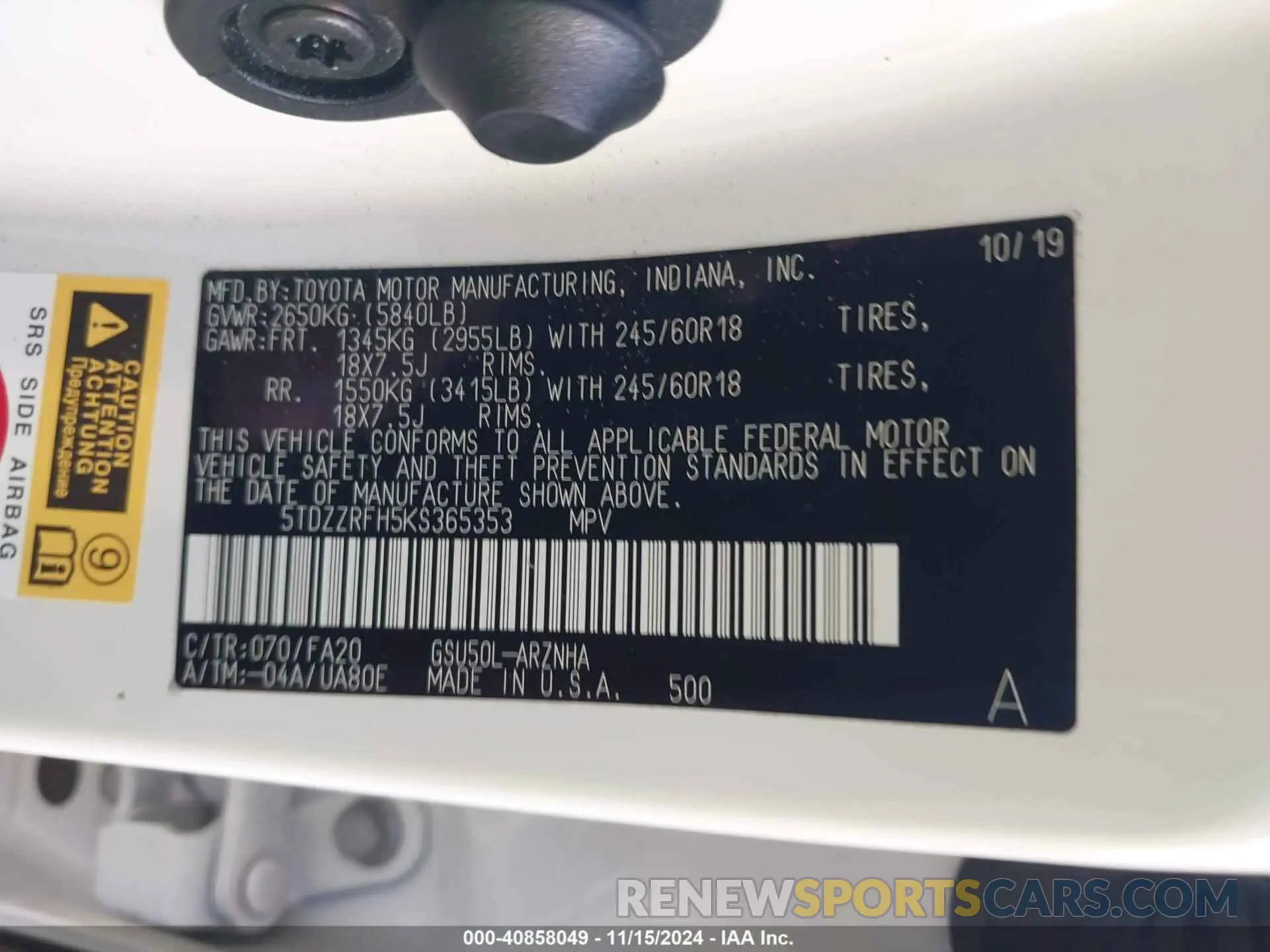 9 Photograph of a damaged car 5TDZZRFH5KS365353 TOYOTA HIGHLANDER 2019