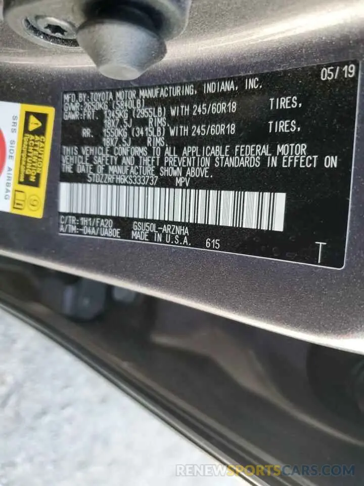 12 Photograph of a damaged car 5TDZZRFH6KS333737 TOYOTA HIGHLANDER 2019