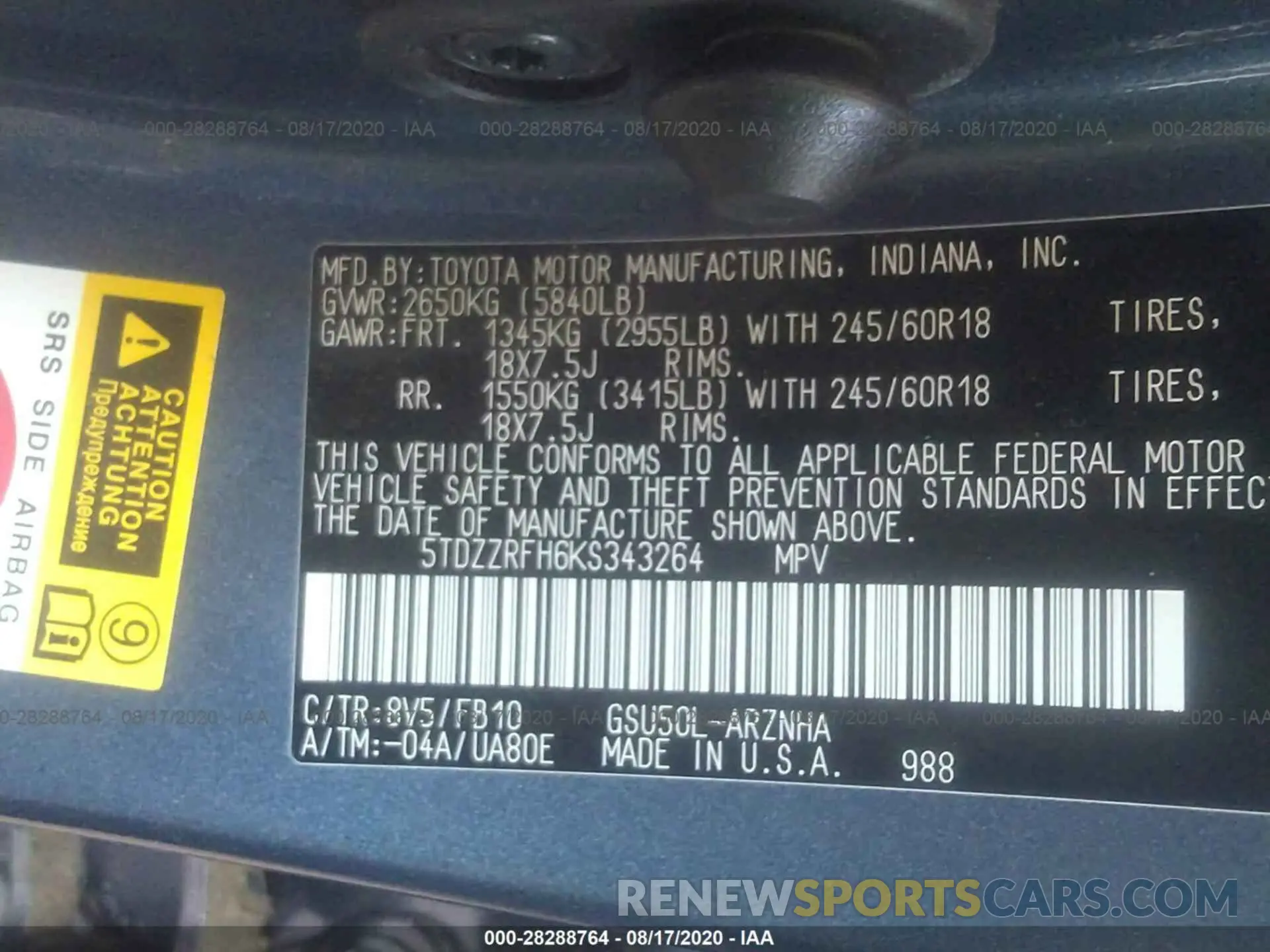 9 Photograph of a damaged car 5TDZZRFH6KS343264 TOYOTA HIGHLANDER 2019