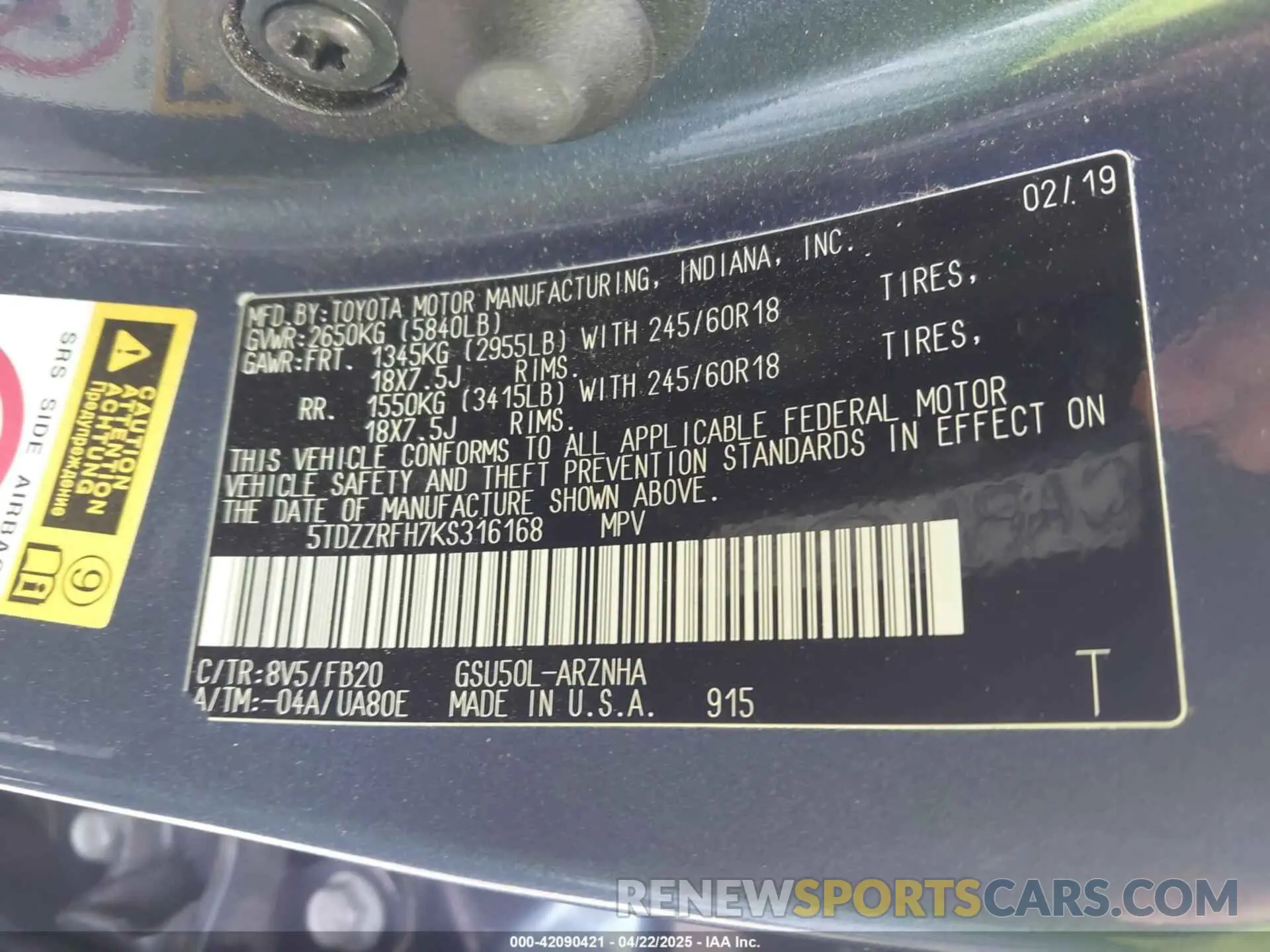 9 Photograph of a damaged car 5TDZZRFH7KS316168 TOYOTA HIGHLANDER 2019