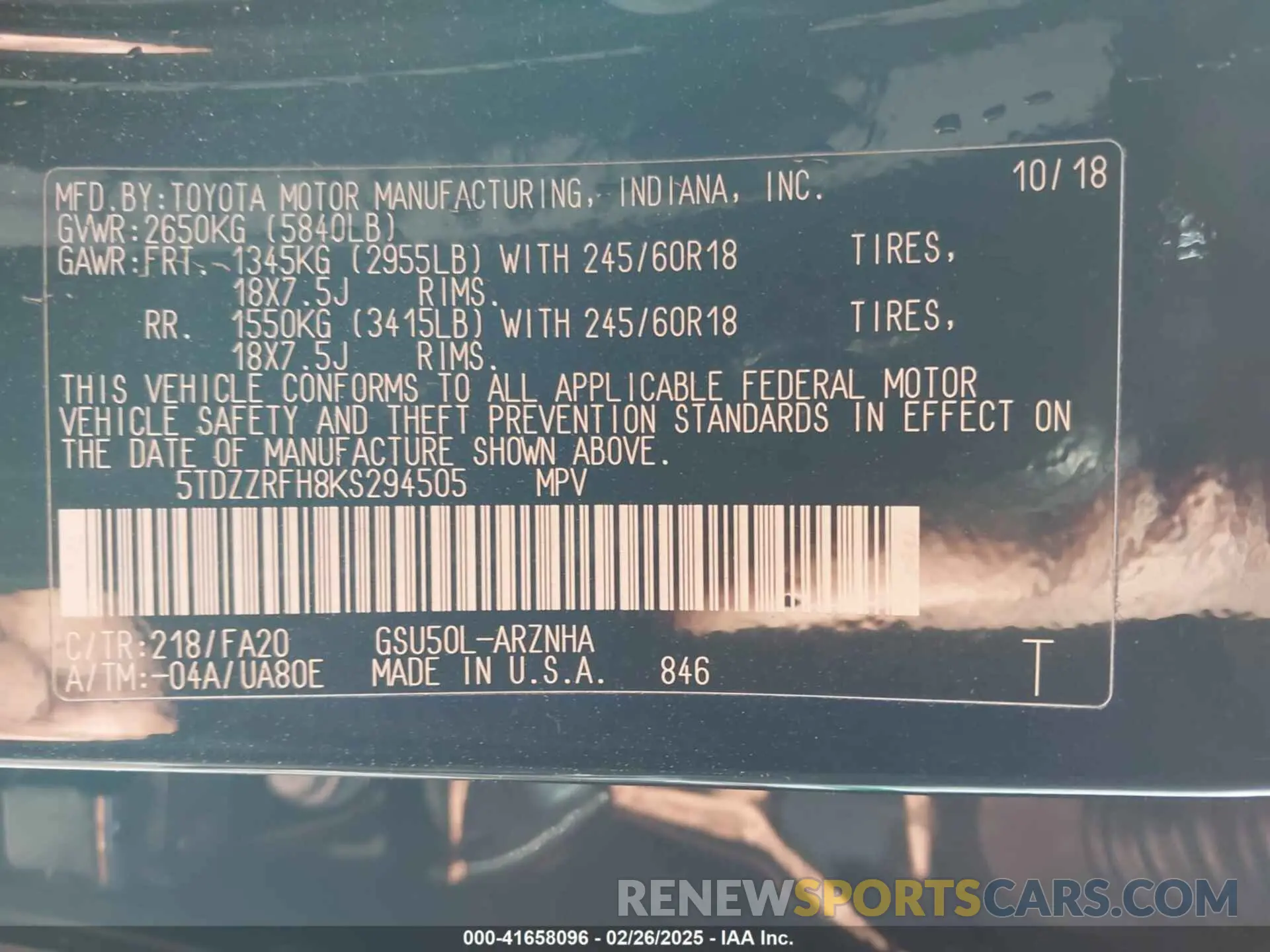 9 Photograph of a damaged car 5TDZZRFH8KS294505 TOYOTA HIGHLANDER 2019