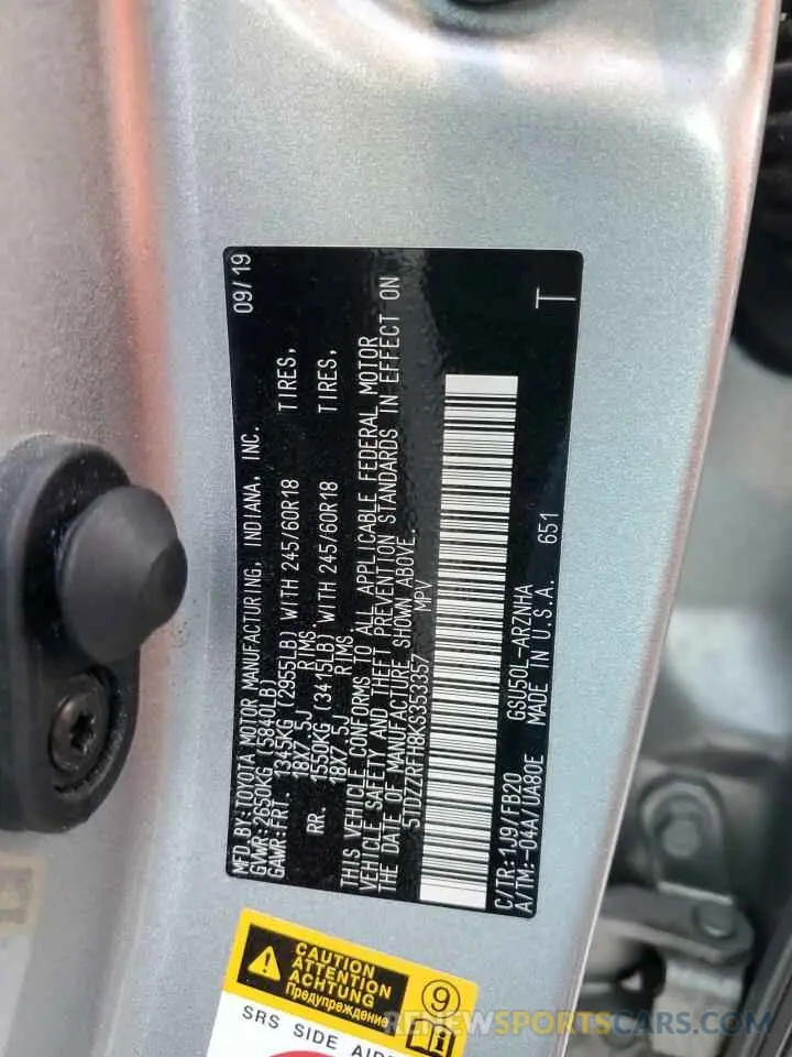 14 Photograph of a damaged car 5TDZZRFH8KS353357 TOYOTA HIGHLANDER 2019