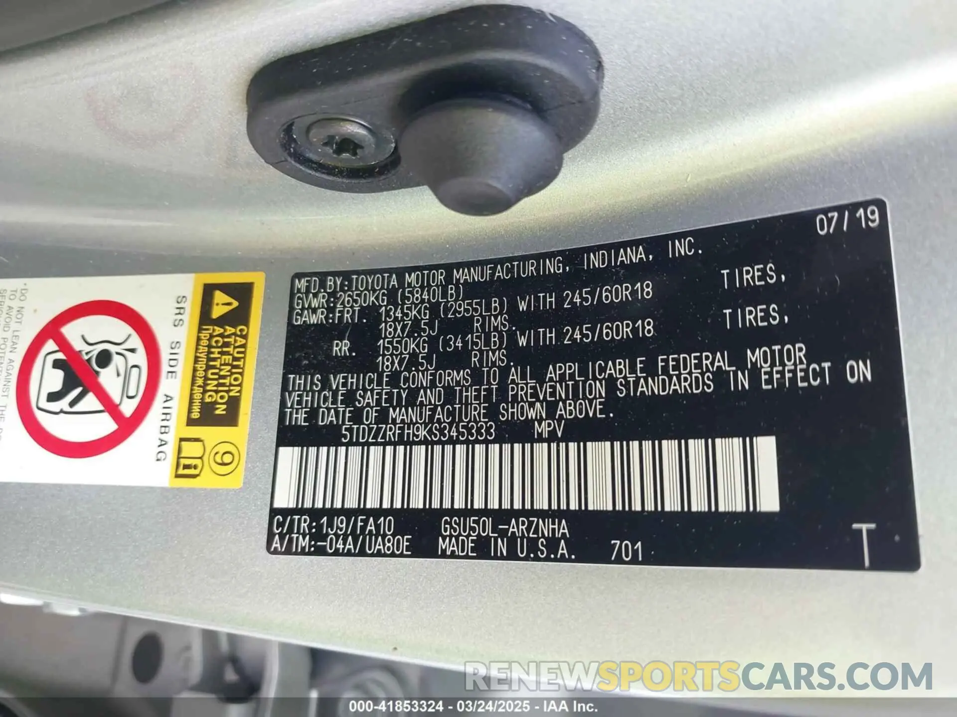 9 Photograph of a damaged car 5TDZZRFH9KS345333 TOYOTA HIGHLANDER 2019