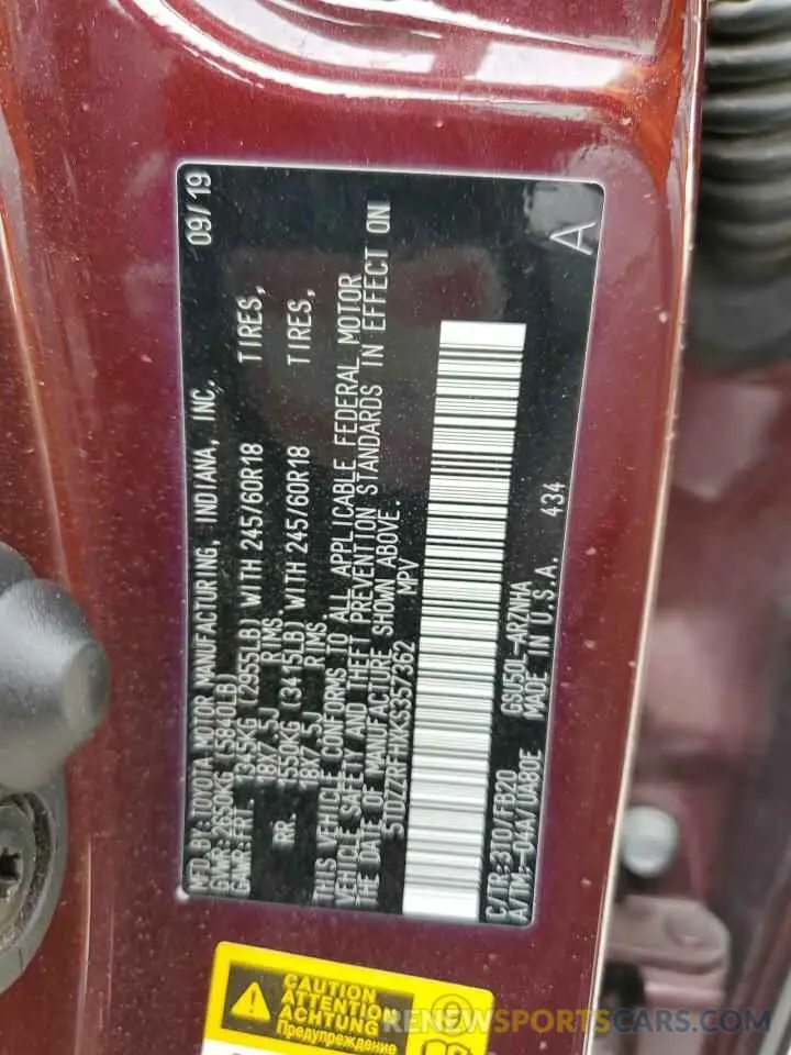 14 Photograph of a damaged car 5TDZZRFHXKS357362 TOYOTA HIGHLANDER 2019