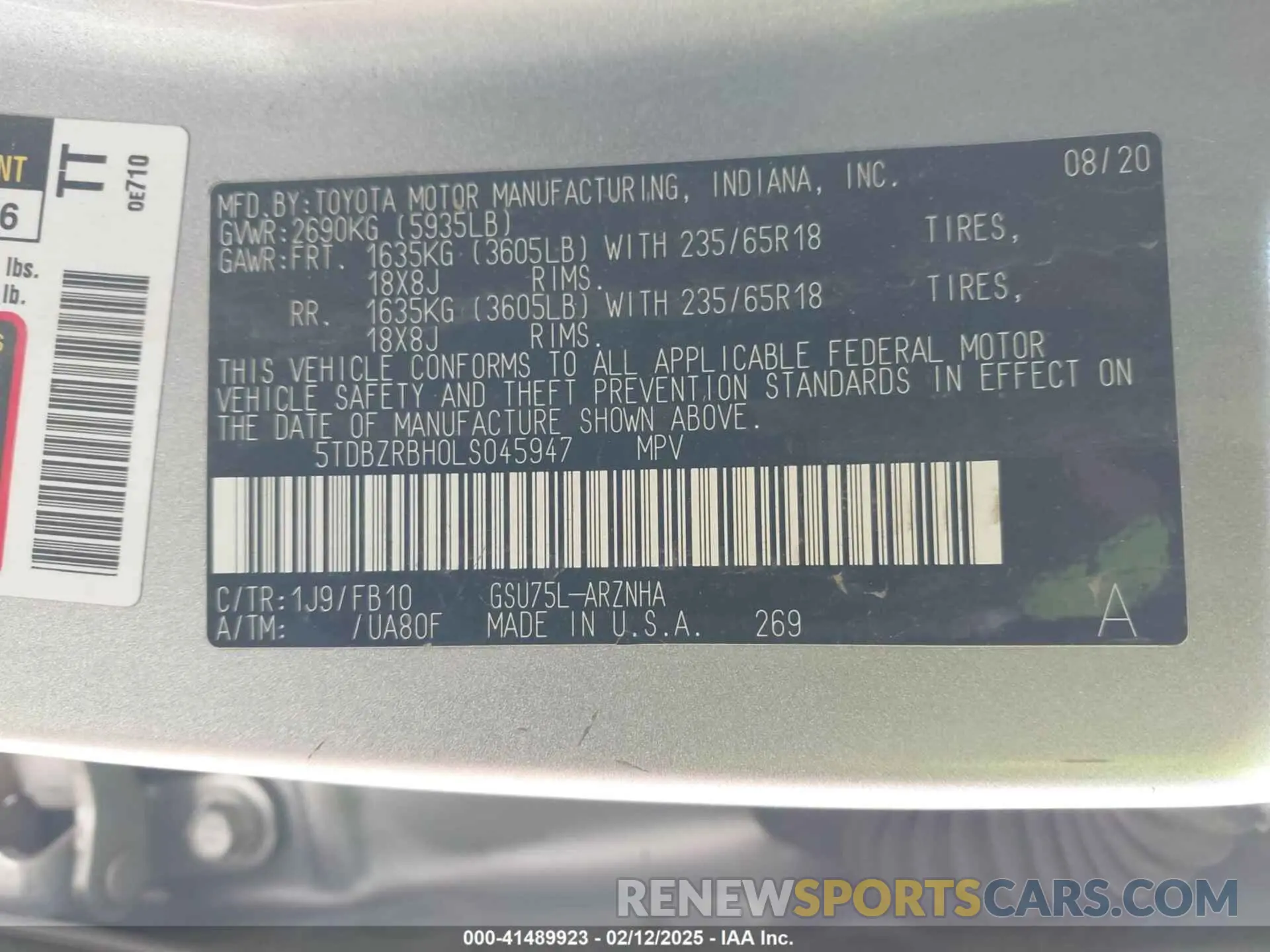 9 Photograph of a damaged car 5TDBZRBH0LS045947 TOYOTA HIGHLANDER 2020