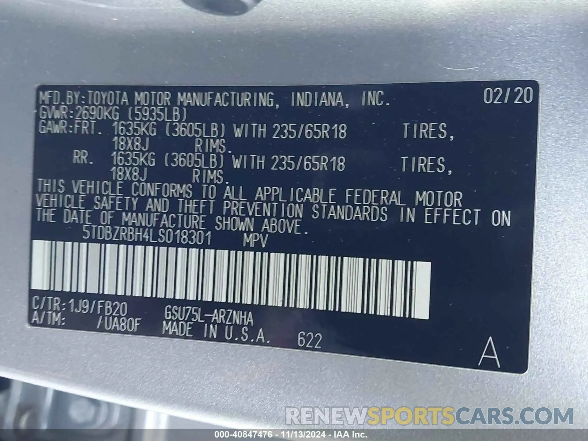 9 Photograph of a damaged car 5TDBZRBH4LS018301 TOYOTA HIGHLANDER 2020