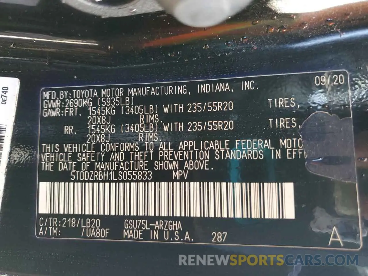 14 Photograph of a damaged car 5TDDZRBH1LS055833 TOYOTA HIGHLANDER 2020