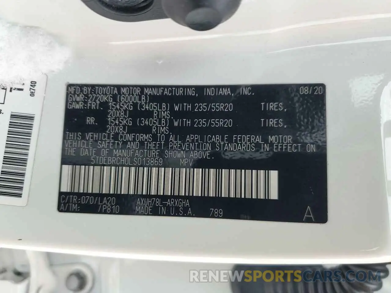 13 Photograph of a damaged car 5TDEBRCH0LS013869 TOYOTA HIGHLANDER 2020