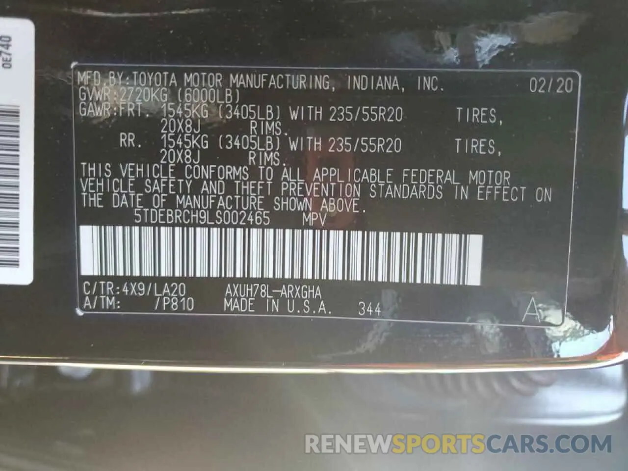 13 Photograph of a damaged car 5TDEBRCH9LS002465 TOYOTA HIGHLANDER 2020