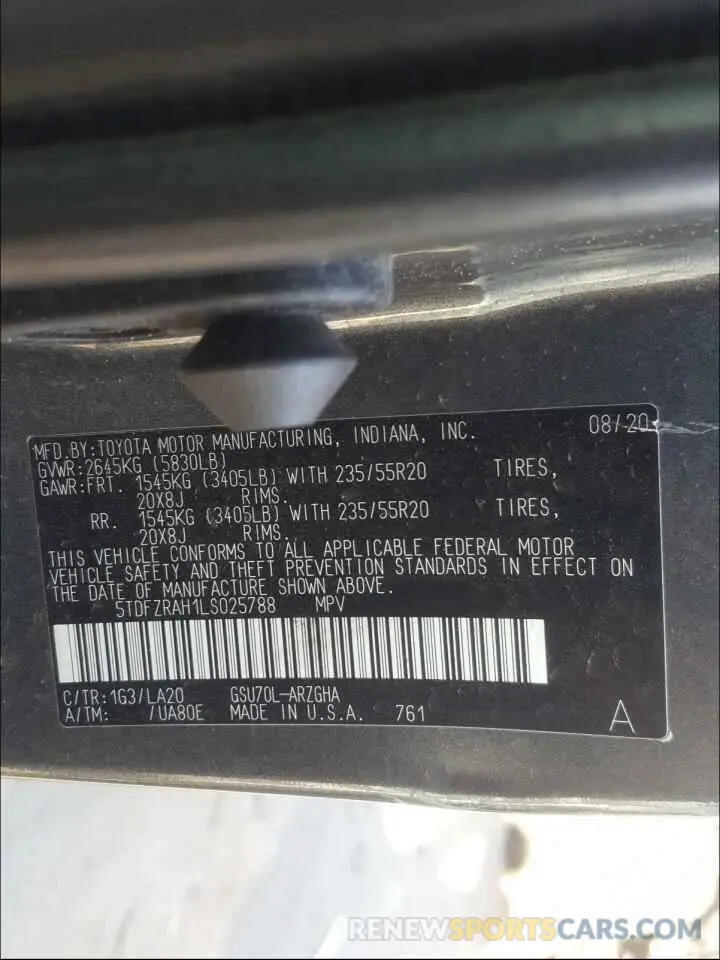 10 Photograph of a damaged car 5TDFZRAH1LS025788 TOYOTA HIGHLANDER 2020